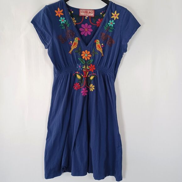 Johnny Was JWLA Dress Large Embroidered Birds Love Stretch Knit Boho Hippie Vntg - Picture 1 of 10
